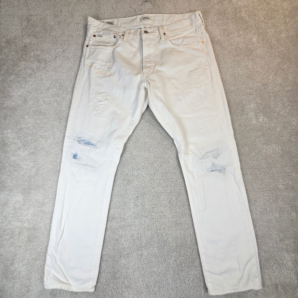 Polo Ralph Lauren Sullivan Slim Distressed White Jeans Mens 34x30 Button Fly